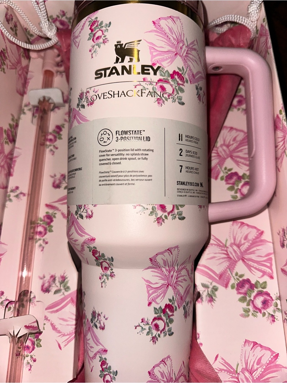 LoveShackFancy Tumbler - Pink Bow Patterned - NIB 40 oz. - Picture 2 of 4